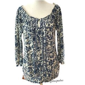 LUCKY BRAND Quarter Sleeves Navy Floral Print Top